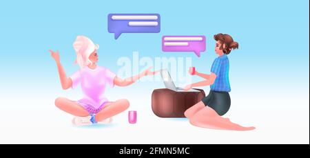 young women using laptop and discussing during meeting chat bubble communication concept Stock Vector