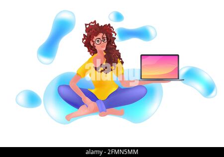 young woman sitting lotus pose and using laptop social media communication concept horizontal Stock Vector