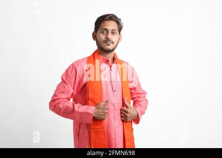 Young indian farmer on white background Stock Photo