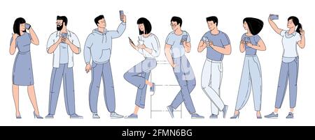 set of man and woman with smartphones Stock Vector