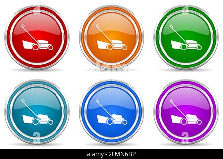 Lawn mower silver metallic glossy icons, set of modern design buttons for web, internet and mobile applications in 6 colors options isolated on white Stock Photo