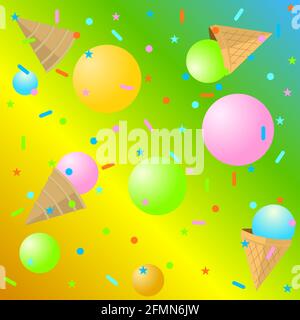 ice cream balls with cones and colored sprinkles on a rainbow background 1 Stock Vector