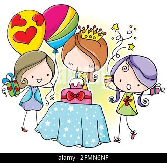 vector cartoon girl with big gift happy birthday to you Stock