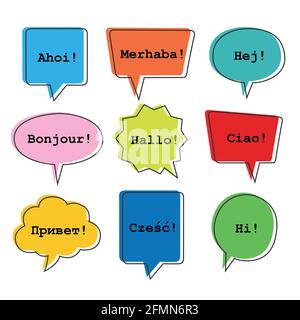 Seamless pattern with speech bubbles with the word hello in different languages. Stock Vector