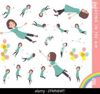 A set of middle-aged women in tunic floating in the air.It's vector art so easy to edit. Stock Vector