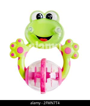 Frog baby rattle toy isolated on white background. With clipping path. educational toys for little children. Top view. Flat lay. Stock Photo