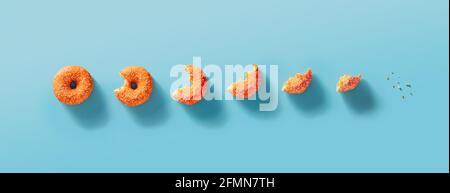 Seven stages of donut biting or eating down to crumb. Eaten donut with orange glaze and white sprinkles on blue background. Top view or flat lay. Horizontal banner Stock Photo