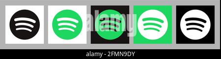 Vinnytsia, Ukraine - May 5, 2021: Set of five spotify icons in different vaersions. Social media logos Stock Vector