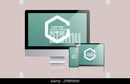 Set of digital devices with mock up desktop, computer, smartphone and digital tablet on pink background Stock Photo