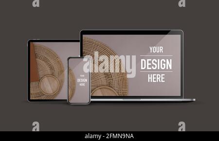Set of digital devices with mock up desktop, laptop, smartphone and digital tablet on dark background Stock Photo