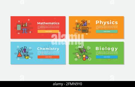 School Subjects of Mathematics, Physics, Chemistry and Biology Banner Set Vector Stock Vector
