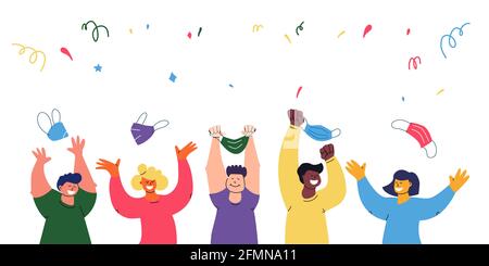Pandemic end concept banner. A multiethnic group of people throws out protective masks. Lockdown off. Vector isolated illustration for design. Stock Vector