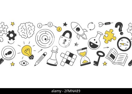 Puzzle and riddles. Hand drawn horizontal pattern with crossword puzzle, maze, brain, chess piece, light bulb, labyrinth, gear, lock and key. Vector Stock Vector