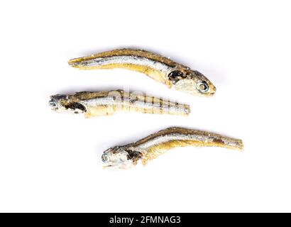 dried japanese anchovies on a white background Stock Photo