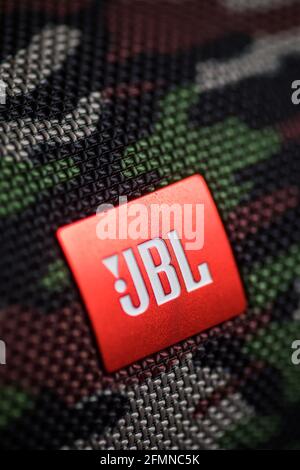 Bucarest, Romania - March 15, 2021: Illustrative editorial image of the JBL logo on a portable speaker. Stock Photo