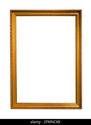 vertical narrow gilded wood picture frame with blank canvas cutout on white background Stock Photo