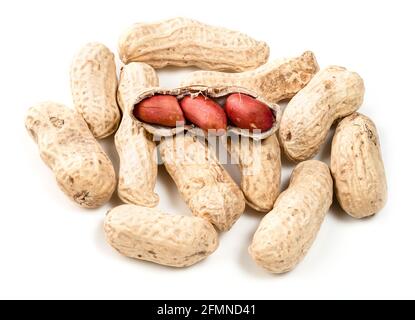 handful of whole and unpeeled peanuts closeup on white background Stock Photo