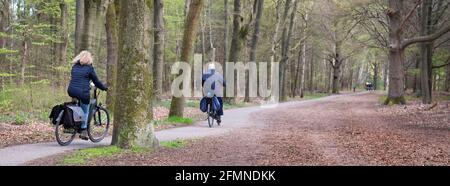 woman and man ride bicycle on early spring day in holland near utrecht Stock Photo