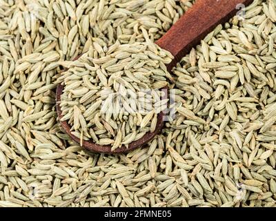 wooden spoon on pile of anise seeds closeup Stock Photo