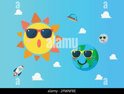 Planet earth wearing sunglasses againts sun character on blue sky. Summertime concept. Funny cartoon emoticons on space background. Stock Vector