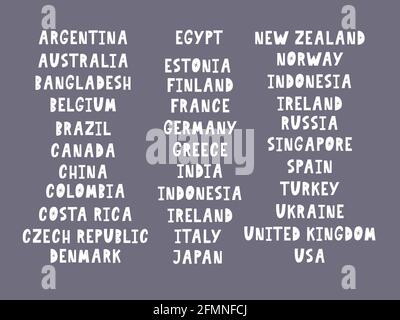 The names of the countries of the world. European cities. Hand letter Stock Vector