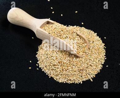 wooden scoop on pile of unhulled foxtail millet seeds on black plate Stock Photo