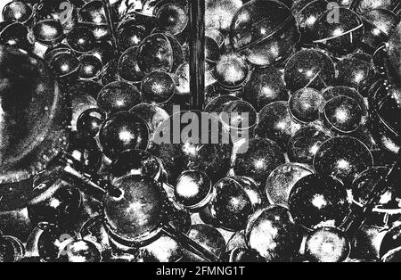 Distressed overlay texture of closeup glossy plastic, metalic spheres, balls. grunge background. abstract halftone vector illustration Stock Vector