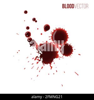 Blood drops set. Red splattered stains, splash, drip liquid spots vector illustration. Murder crime scene textures on white background. Horror bloody Stock Vector