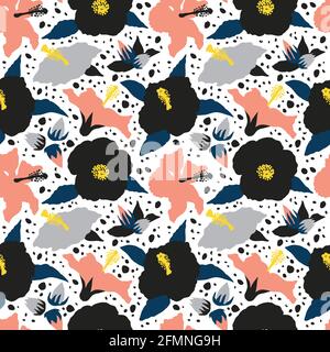 Seamless pattern with modern minimalist black and pink hibiscus flowers, buds and leaves. Stock Vector