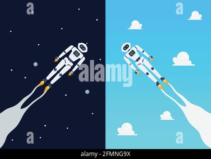 Android robots flying on day and night sky. Vector Illustration. Stock Vector