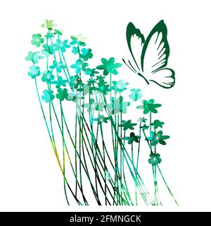 The background is a postcard with small and Blue-green flowers. Summer meadow with butterflies. Vector illustration Stock Vector