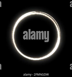 White circle with stars and light on black background. Round electric frame with sparkles. Geometric fashion design vector illustration. Empty minimal Stock Vector