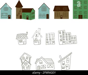 Set of isolated houses drawing by hand in outline style and modern abstract flat style Stock Vector
