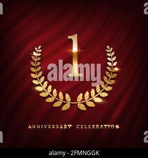 Anniversary celebration logo with golden number one template. Birthday, jubilee or wedding with laurel sign vector illustration. Invitation to celebra Stock Vector