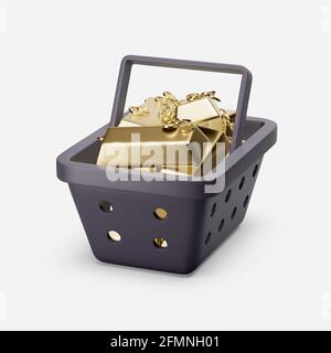 Shoping basket with gold bars simple icon template 3d illustration on white background. Minimal concept. 3d rendering isolated with soft shadows. High Stock Photo