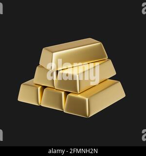 3d simple gold bars on dark background 3d illustration. Hight quality render of bullions. Isolate gold ingots. Stock Photo