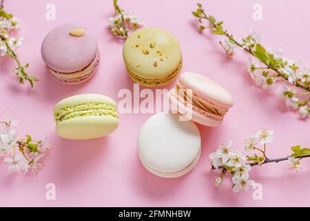 French dessert macarons and spring tree blossom Stock Photo