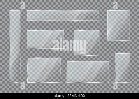 Glass plates. Transparent window texture with gloss, plastic or acrylic rectangular panels, buttons or banners. Glass framework isolated vector set. Realistic gloss screens with lights Stock Vector