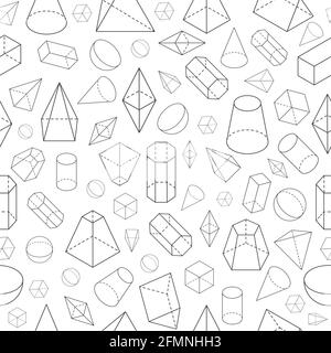 Isometric 3d shapes seamless pattern. Geometric math wireframe objects. Pyramid, prism and sphere, cone and cube. Vector school texture. Geometry education with outlined forms and objects Stock Vector