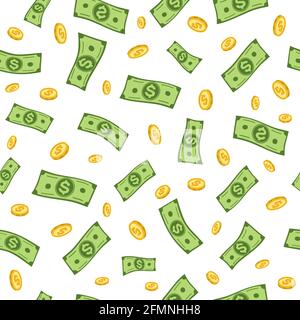 Falling dollars. Flying dollar banknotes, gold coins seamless pattern, cash confetti. Banking, investment and financial vector texture. Big win or fortune background. Prize or jackpot Stock Vector