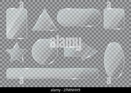 Glass shapes. Clean plastic star, arrow and ellipse, rectangle and triangle. Transparent acrylic or glass 3d realistic buttons vector set. Different textured symbols with glares and light Stock Vector
