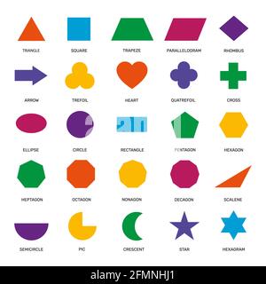 Basic geometric shapes. Ellipse, rectangle and triangle, hexagon and circle, pentagon and star elementary school education vector set. Teaching colorful figures and forms, arrow and trefoil Stock Vector