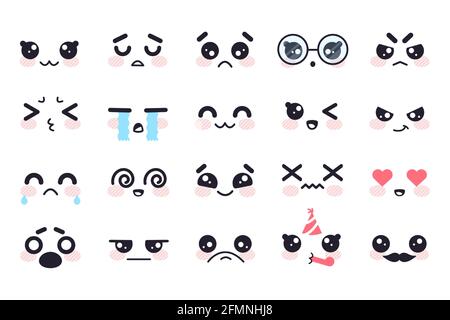 Kawaii faces. Manga face cute japanese characters, cartoon emoji facial emotions. Smile, sad and anger, cry and joy, love vector set. Happy and sad expression, celebrating birthday Stock Vector