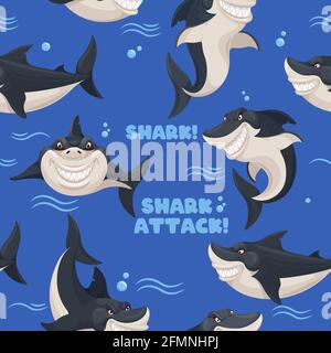Shark seamless pattern. Sea predator, dangerous fish, smiling sharks. Wallpaper decor vector texture. Hunting and swimming underwater aggressive creatures, aquatic wildlife, maritime Stock Vector