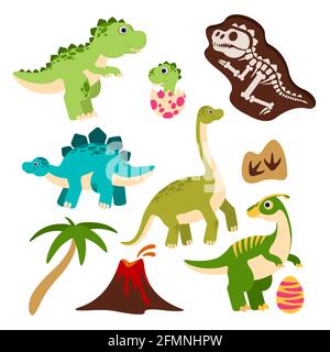 Cute dinosaurs. Cartoon dino, baby dragon in egg, prehistoric monster skeleton, palm tree and volcano. Funny jurassic animals vector characters for children book or party event decor Stock Vector