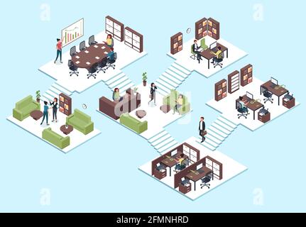 Isometric office. Business people team working together, employees in 3d interior vector teamwork, presentation and workspace concept. Business management, people communicating and doing job Stock Vector