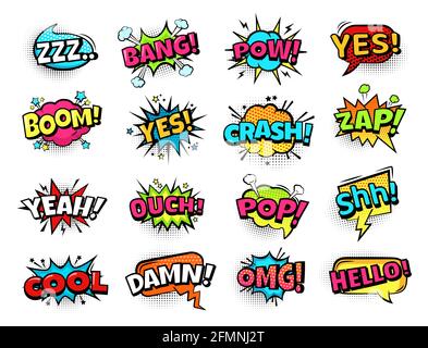 Comic speech bubbles. Cartoon expressions zam, boom and crash, cool and omg, lol. Retro comics text bubble with halftone vector set. Dialog or talk clouds of different shape and color Stock Vector