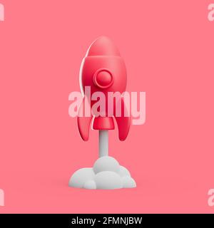 3d simple flying rocket icon on white background with clear shadow. Isolated catroon space shuttle illustration. Stock Photo