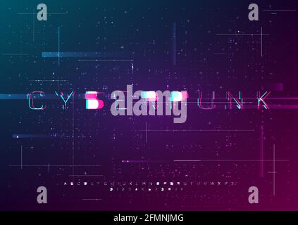 Cyber vector font design with glitch effect. Distorted futuristic English letters, numbers, symbols in cyberpunk style. Glitch digital style alphabet Stock Vector