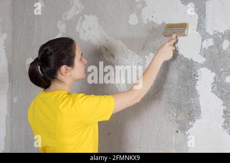 Woman Knead Glue Wallpapering Pouring Wallpaper Stock Photo 2084173105